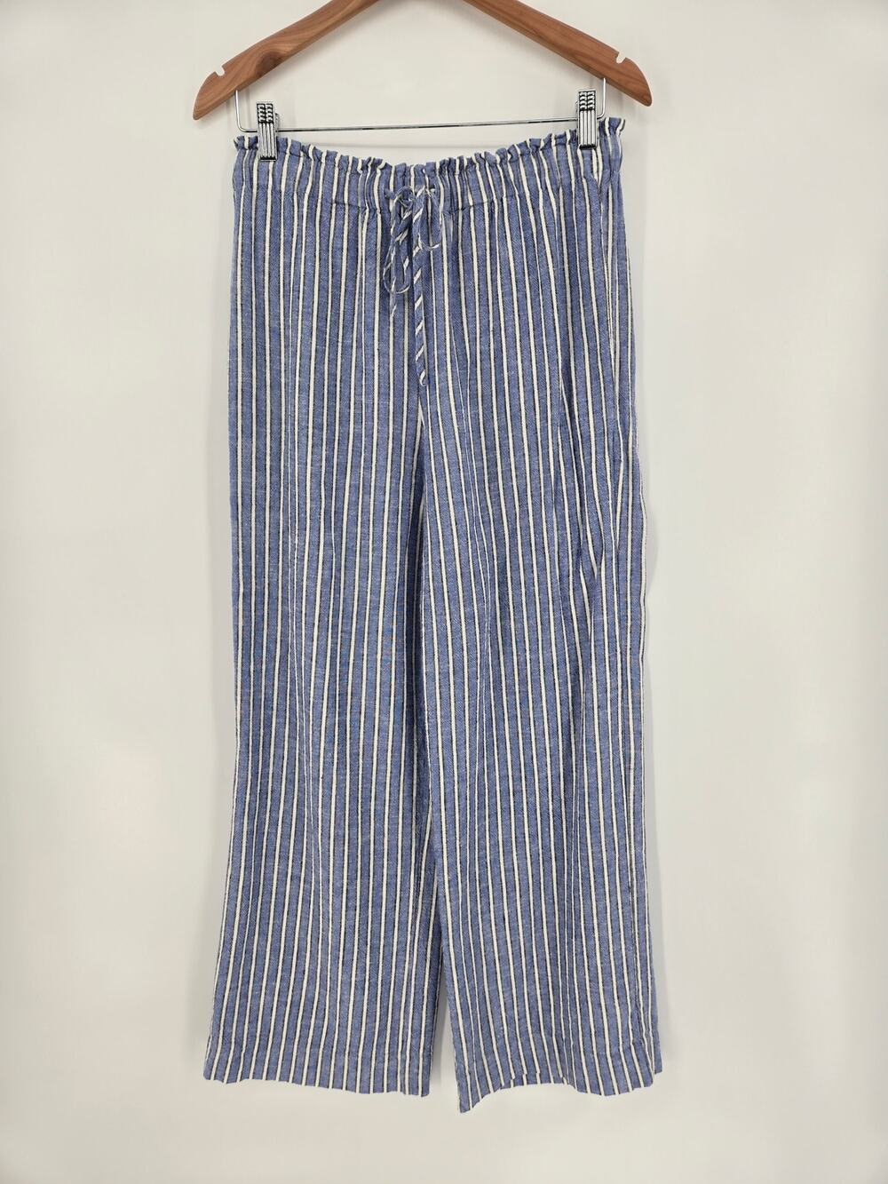Tyler Boe Blue and White Stripe Straight Leg Pant, Elastic Tie Waist, Size M